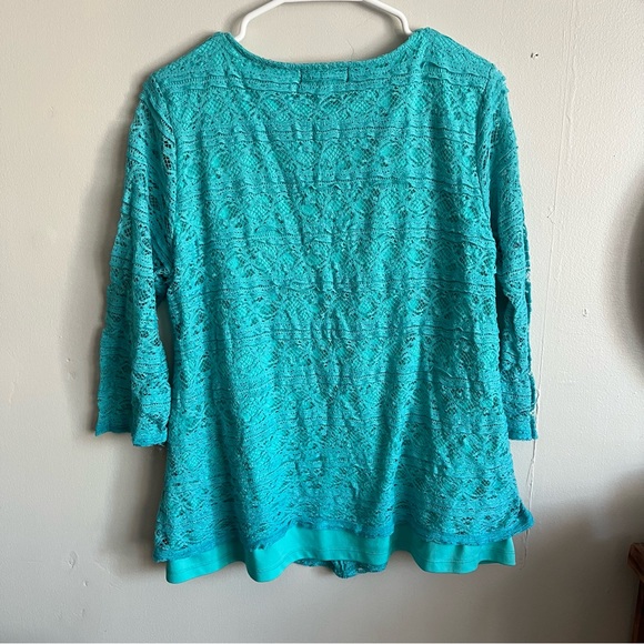 3/$40 Size Xl Anna Bella Blue Lace Overlay 3/4 length sleeve Tee - Picture 2 of 4